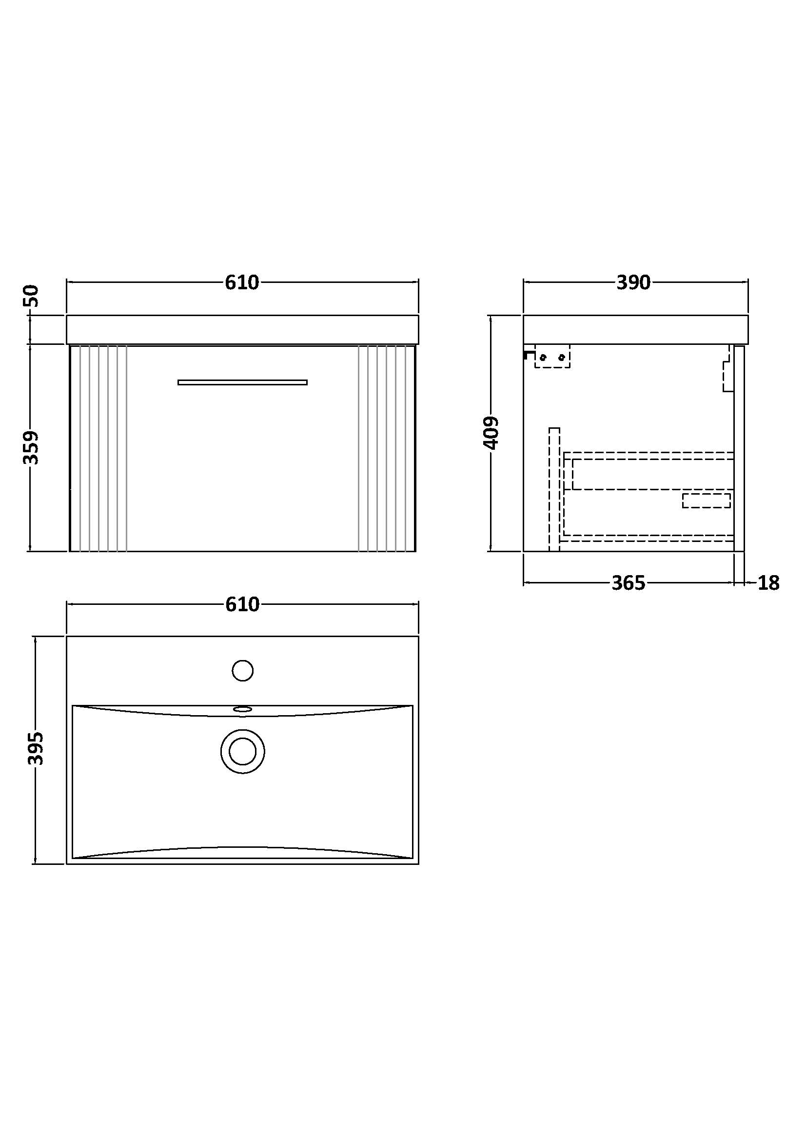 Nuie 600mm Wall Hung Single Drawer Vanity & Basin 3 DPF394D - Image 3