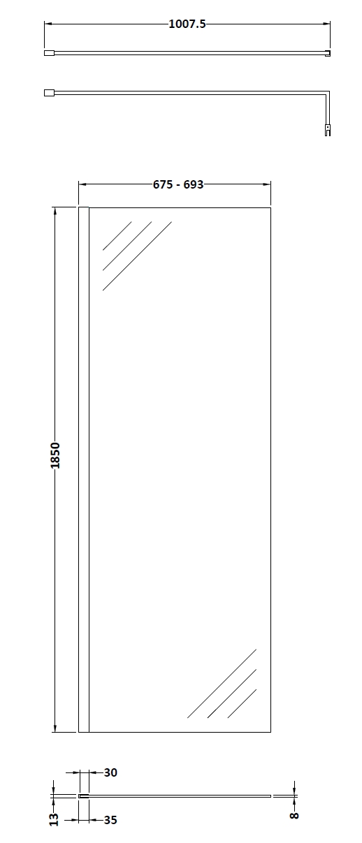 Nuie 700mm Wetroom Screen & Support Bar WRSC070 - Image 3