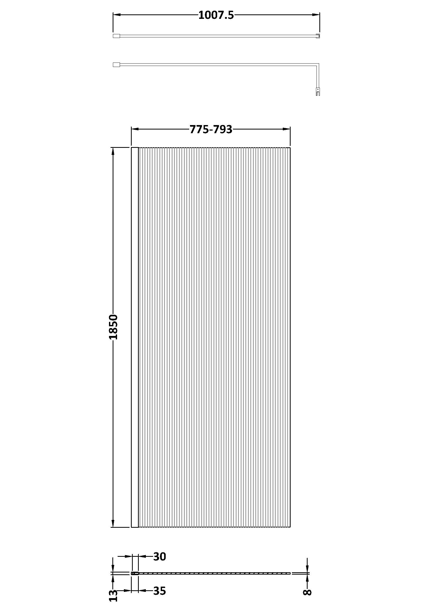 Nuie 800mm Fluted Wetroom Screen with Support Bar WRFL18580 - Image 4
