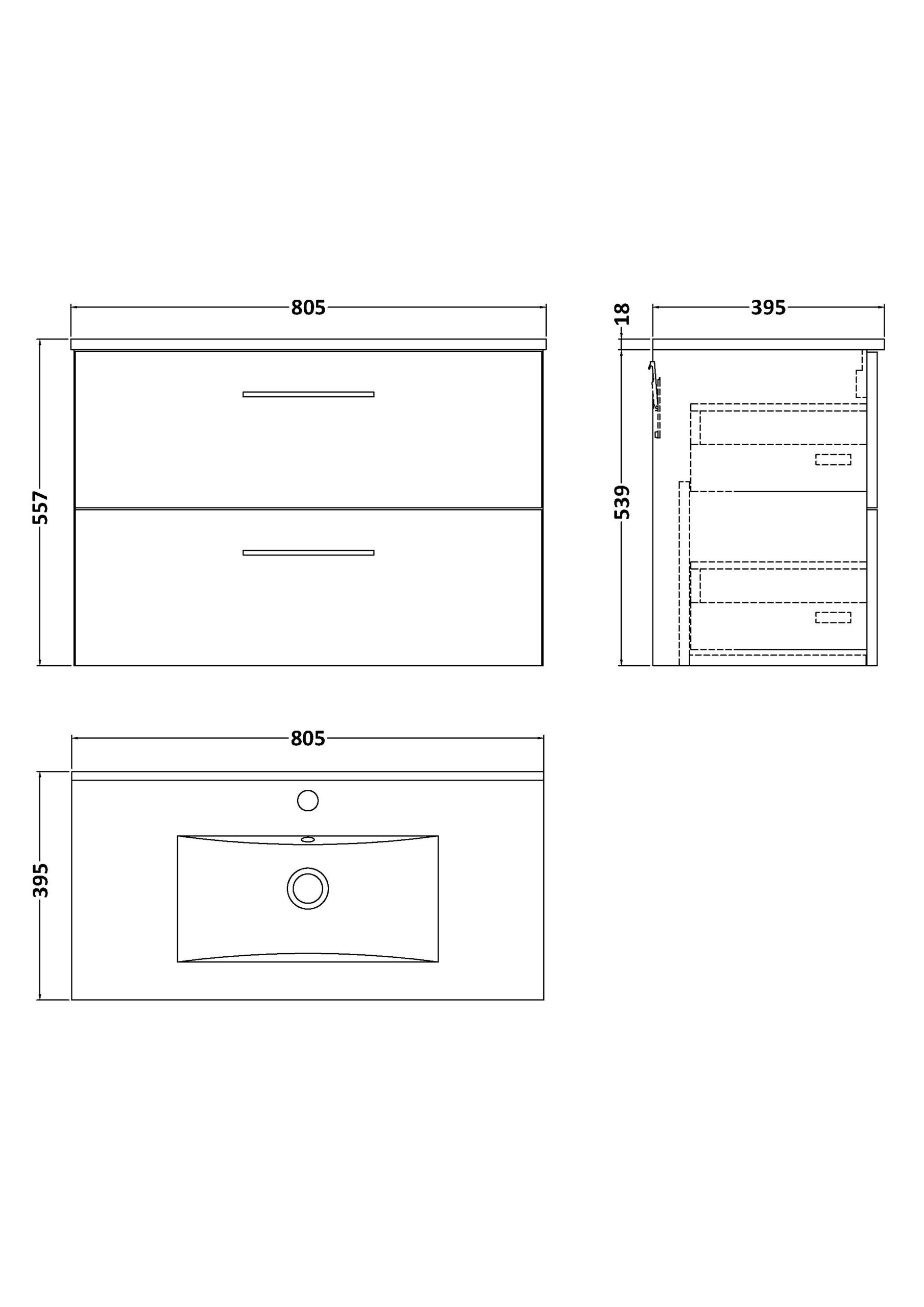 Nuie 800mm Wall Hung 2-Drawer Vanity & Basin 2 ARN3026B - Image 2