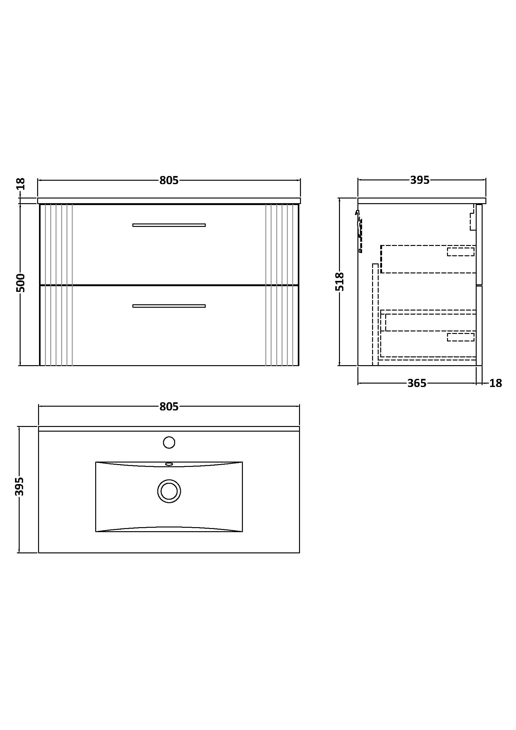 Nuie 800mm Wall Hung 2 Drawer Vanity & Basin 2 DPF195B - Image 4