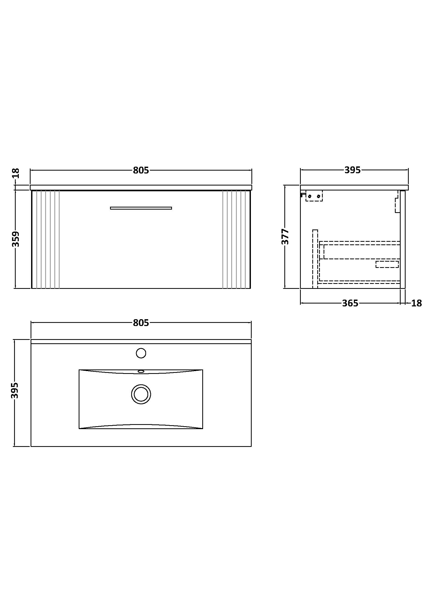 Nuie 800mm Wall Hung Single Drawer Vanity & Basin 2 DPF1496B - Image 3