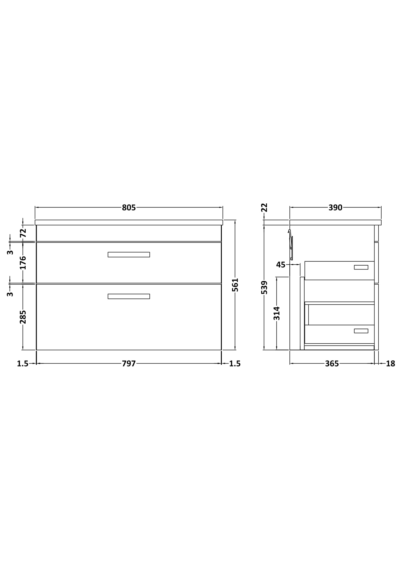 Nuie 800mm Wall Hung Vanity With Grey Worktop ATH069LBG - Image 2