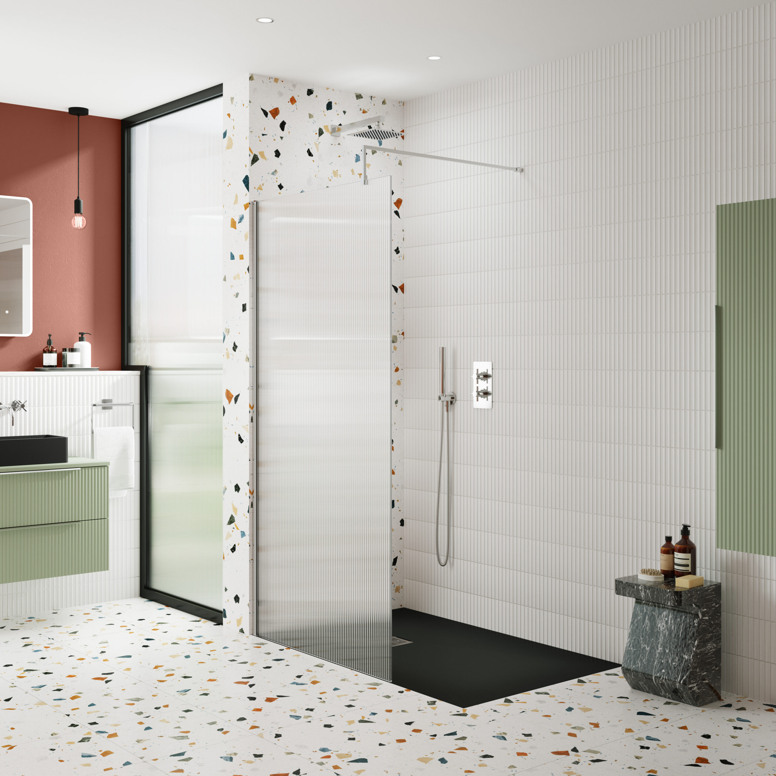 Nuie 900mm Fluted Wetroom Screen with Support Bar WRFL18590 - Image 2