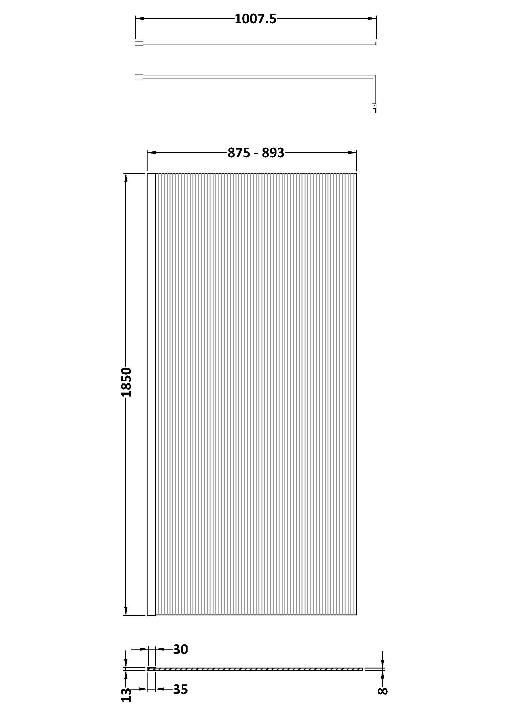 Nuie 900mm Fluted Wetroom Screen with Support Bar WRFL18590 - Image 4