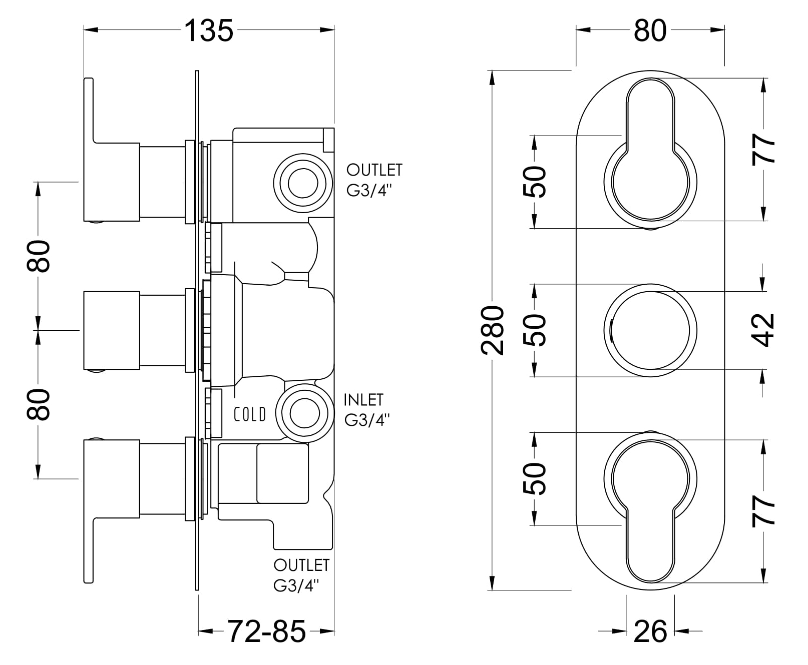 Nuie Arvan Triple Thermostatic Valve With Diverter ARV7TR03 - Image 2