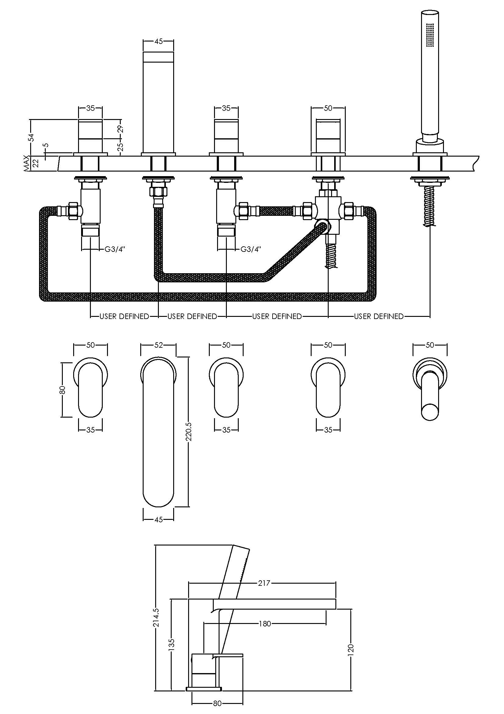Nuie Deck Mounted 5 Tap Hole Bath Shower Mixer BIN314 - Image 2