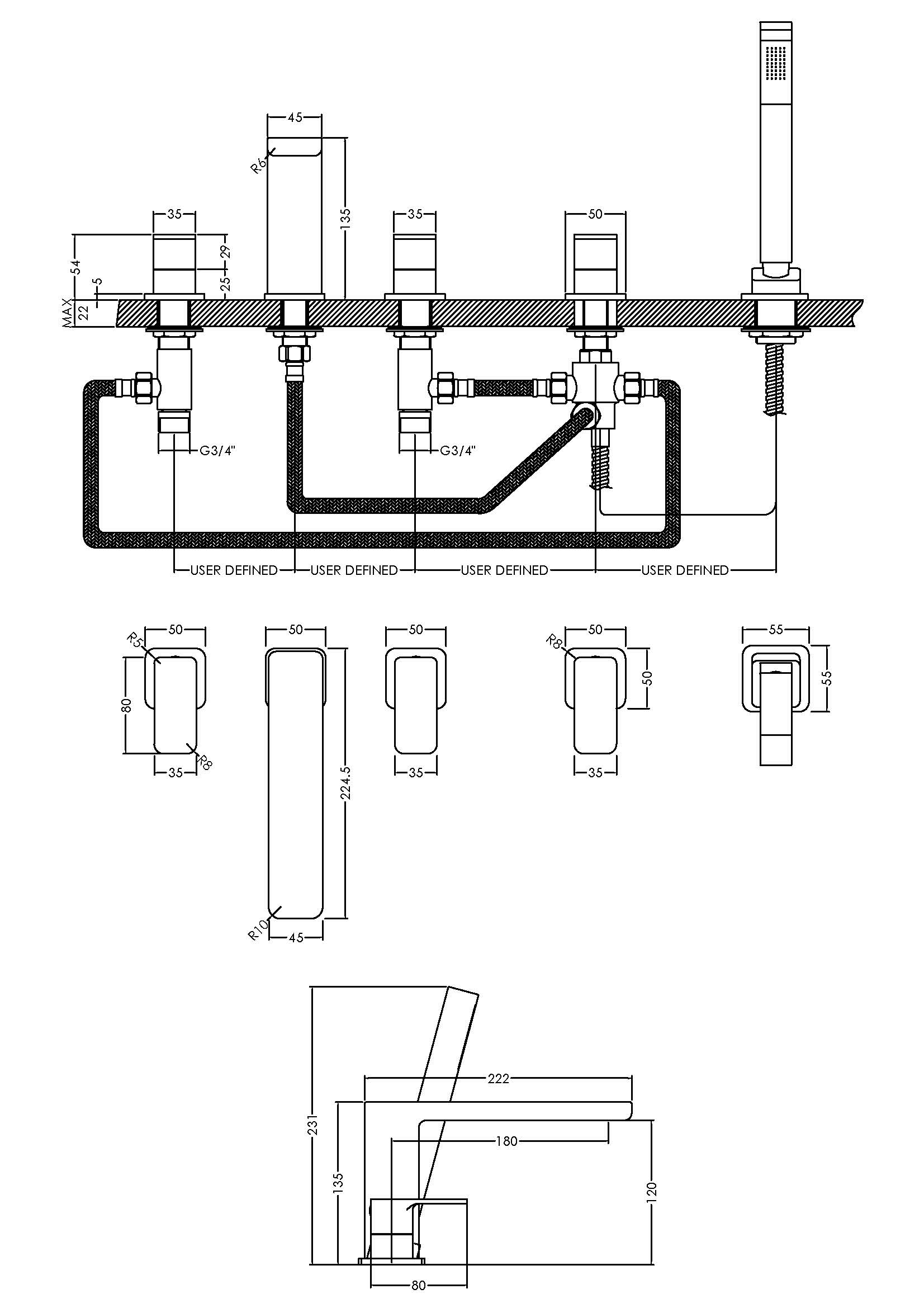 Nuie Deck Mounted 5 Tap Hole Bath Shower Mixer WIN314 - Image 2