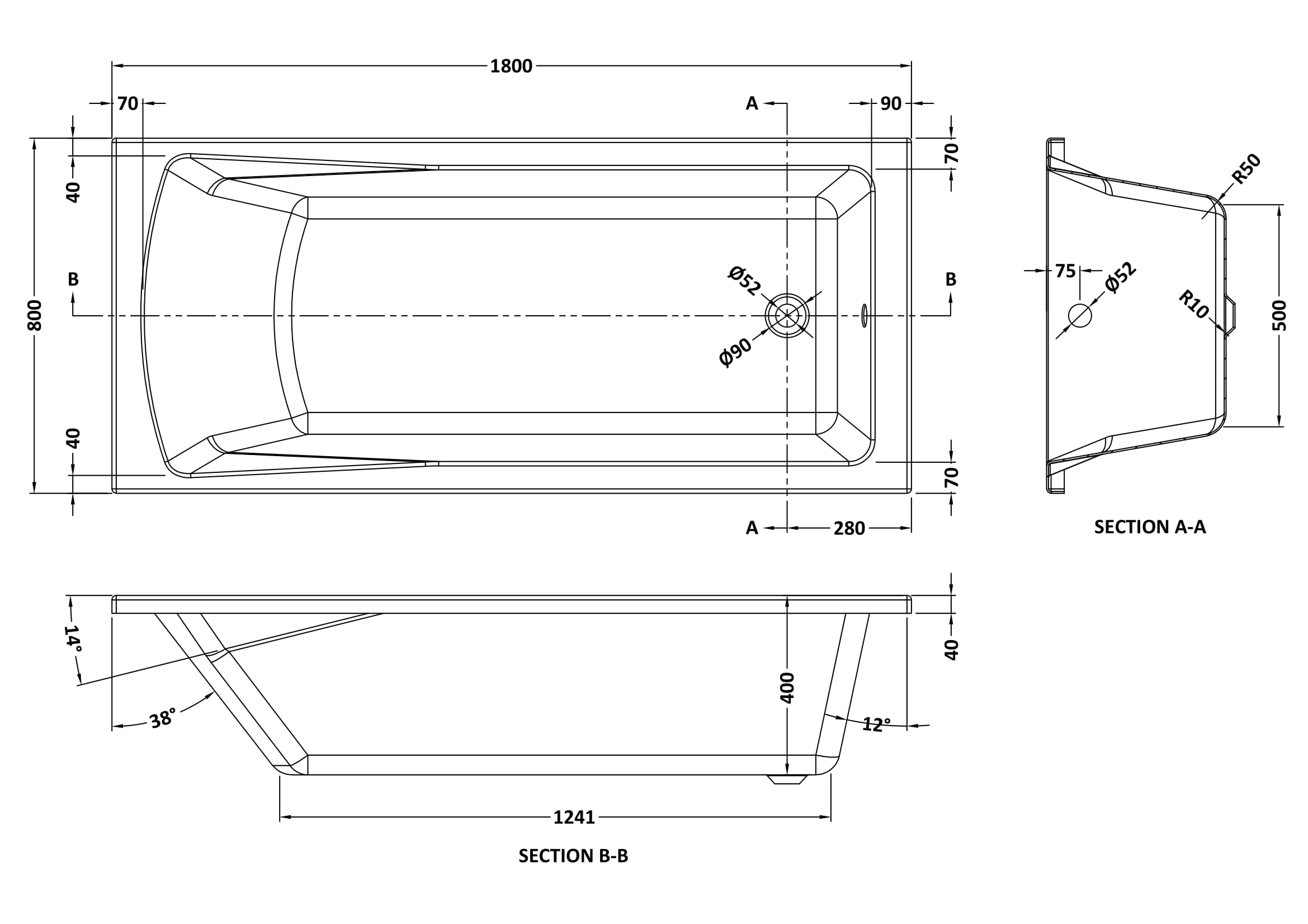 Nuie Eternalite Square Single Ended Bath 1800 x 800mm BMON010 - Image 3