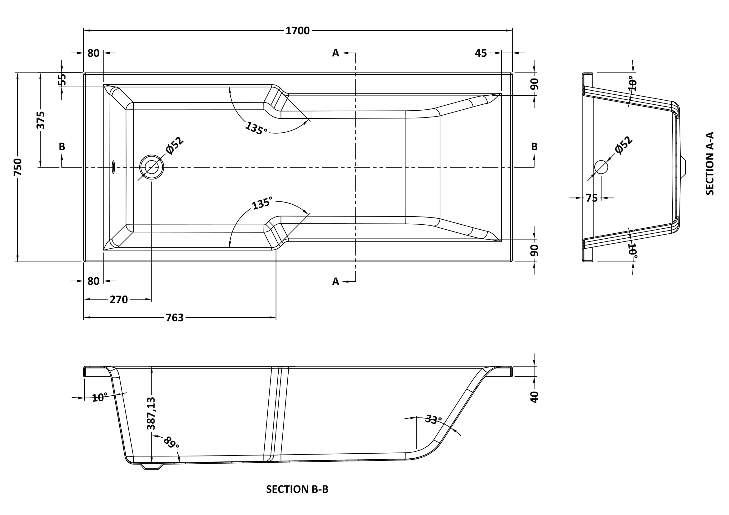 Nuie Eternalite Square Straight Shower Bath 1700 x 750mm BMON017 - Image 3