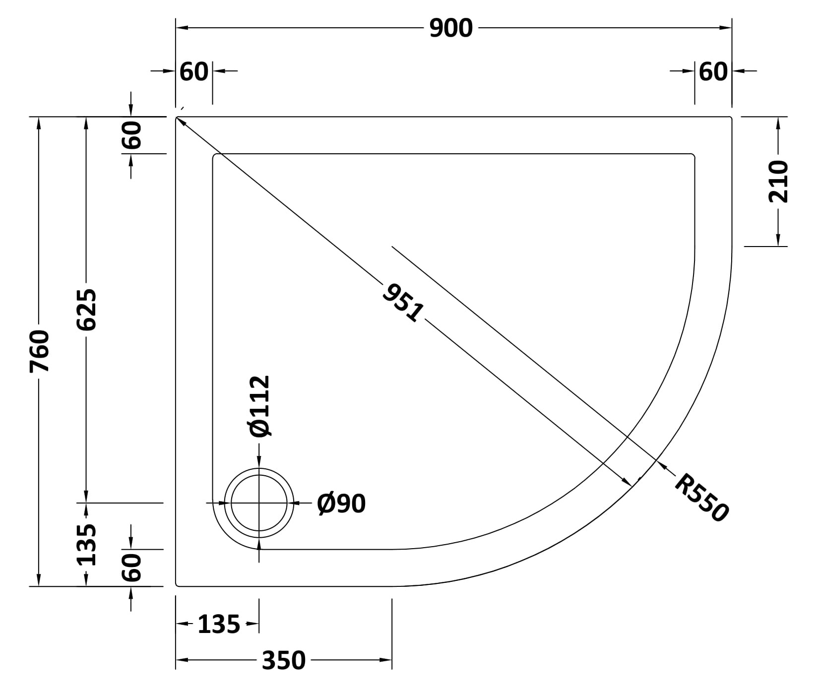 Nuie Offset Quadrant Shower Tray 900 x 760mm RH NTP102 - Image 2