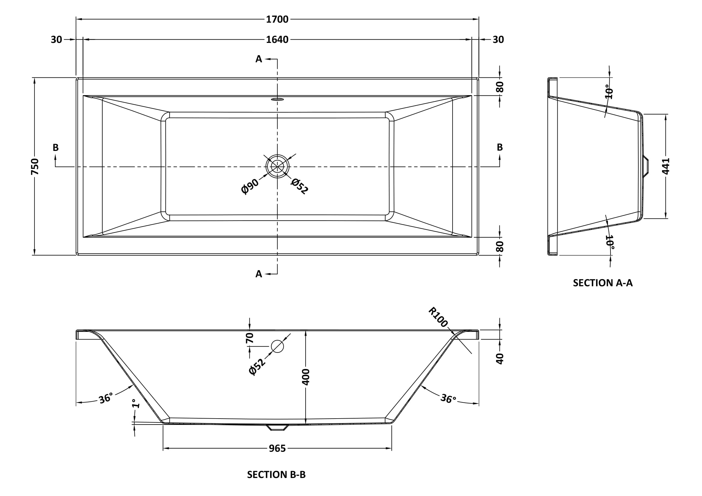 Nuie Square Double Ended Bath 1700 x 750mm NBA210 - Image 3