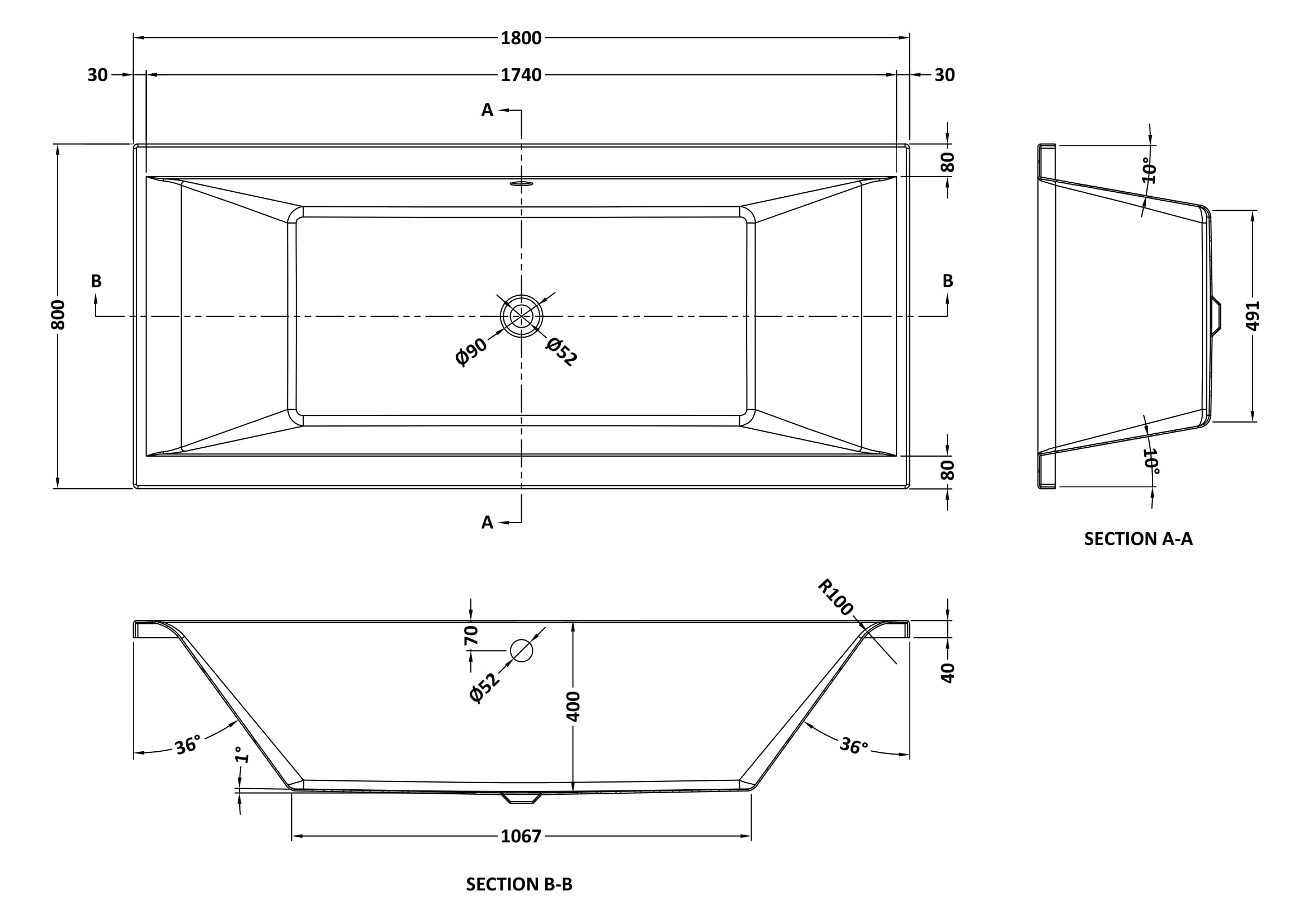 Nuie Square Double Ended Bath 1800 x 800mm NBA214 - Image 3