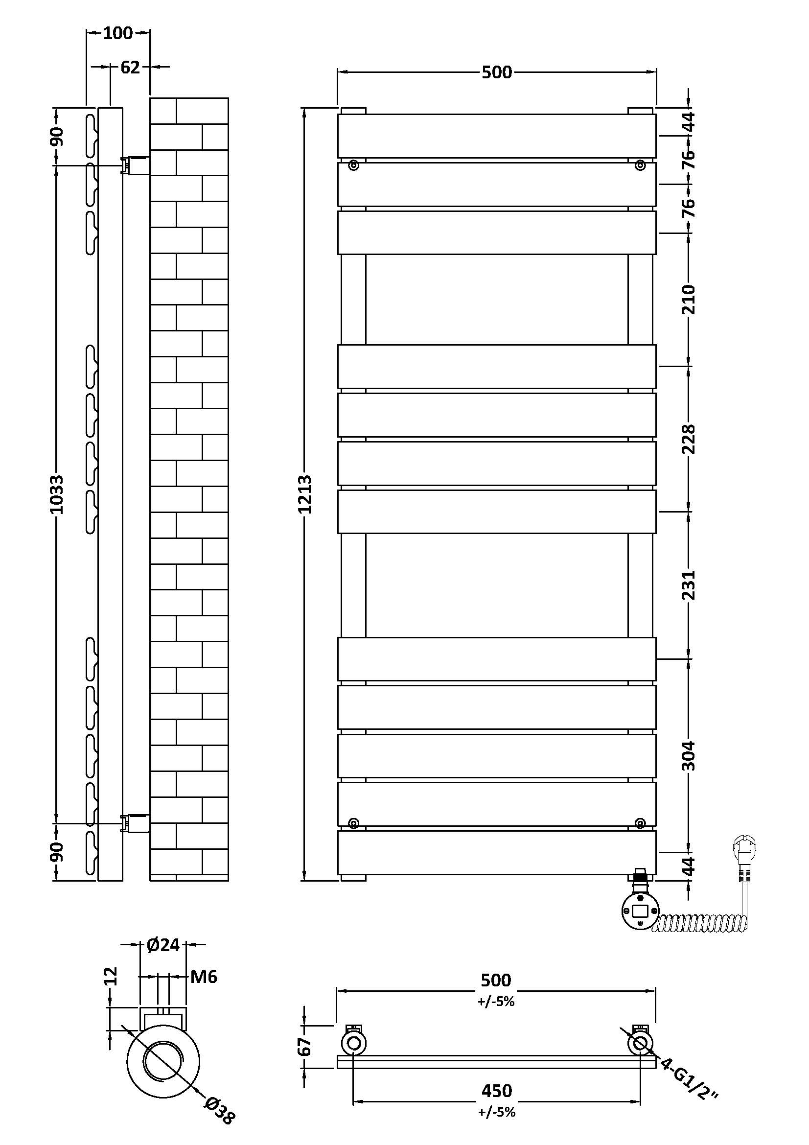 Nuie Square Flat Towel Radiator 1213x500 HL159 - Image 2