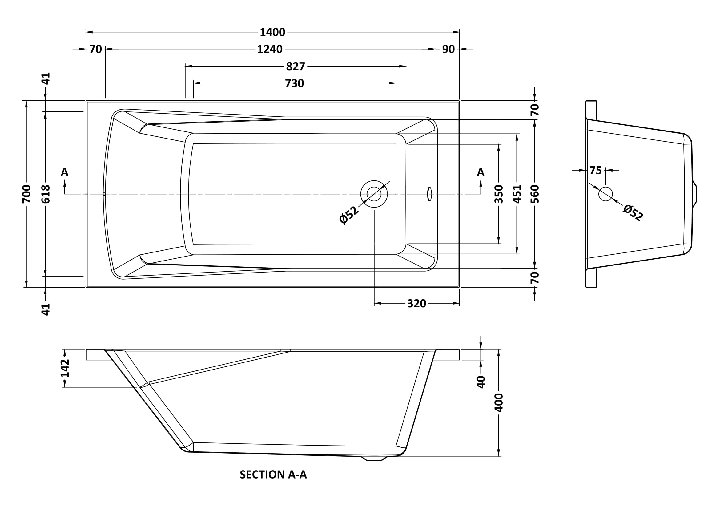 Nuie Square Single Ended Bath 1400 x 700mm NBA404 - Image 3