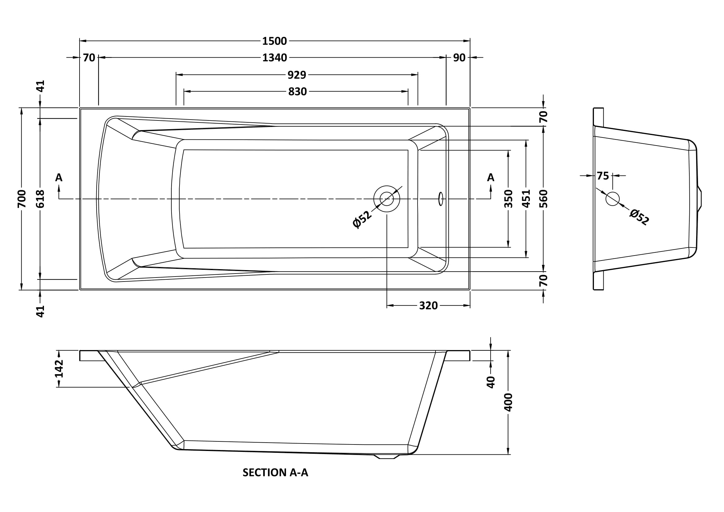 Nuie Square Single Ended Bath 1500 x 700mm NBA405 - Image 3