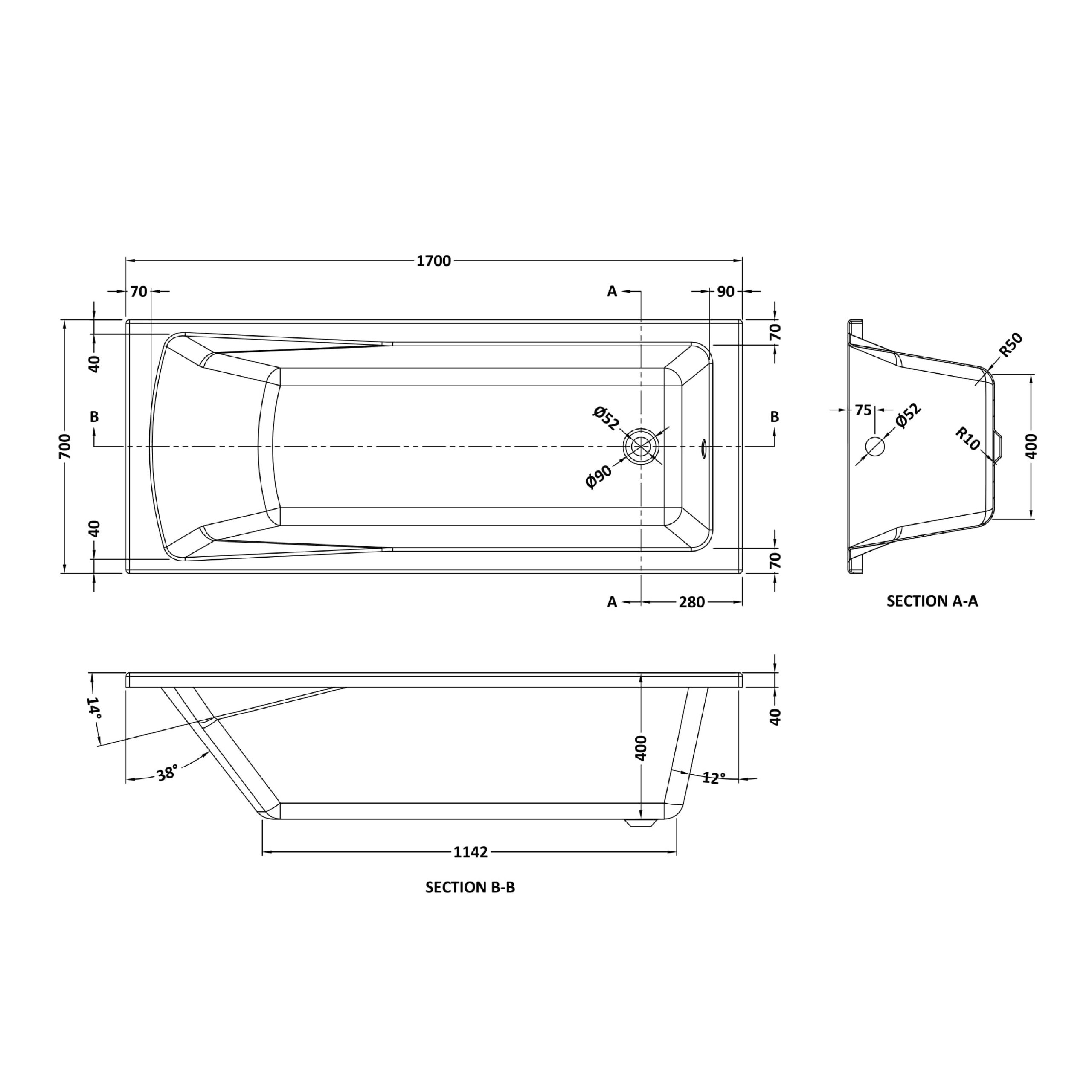 Nuie Square Single Ended Bath 1700 x 700mm NBA409 - Image 3