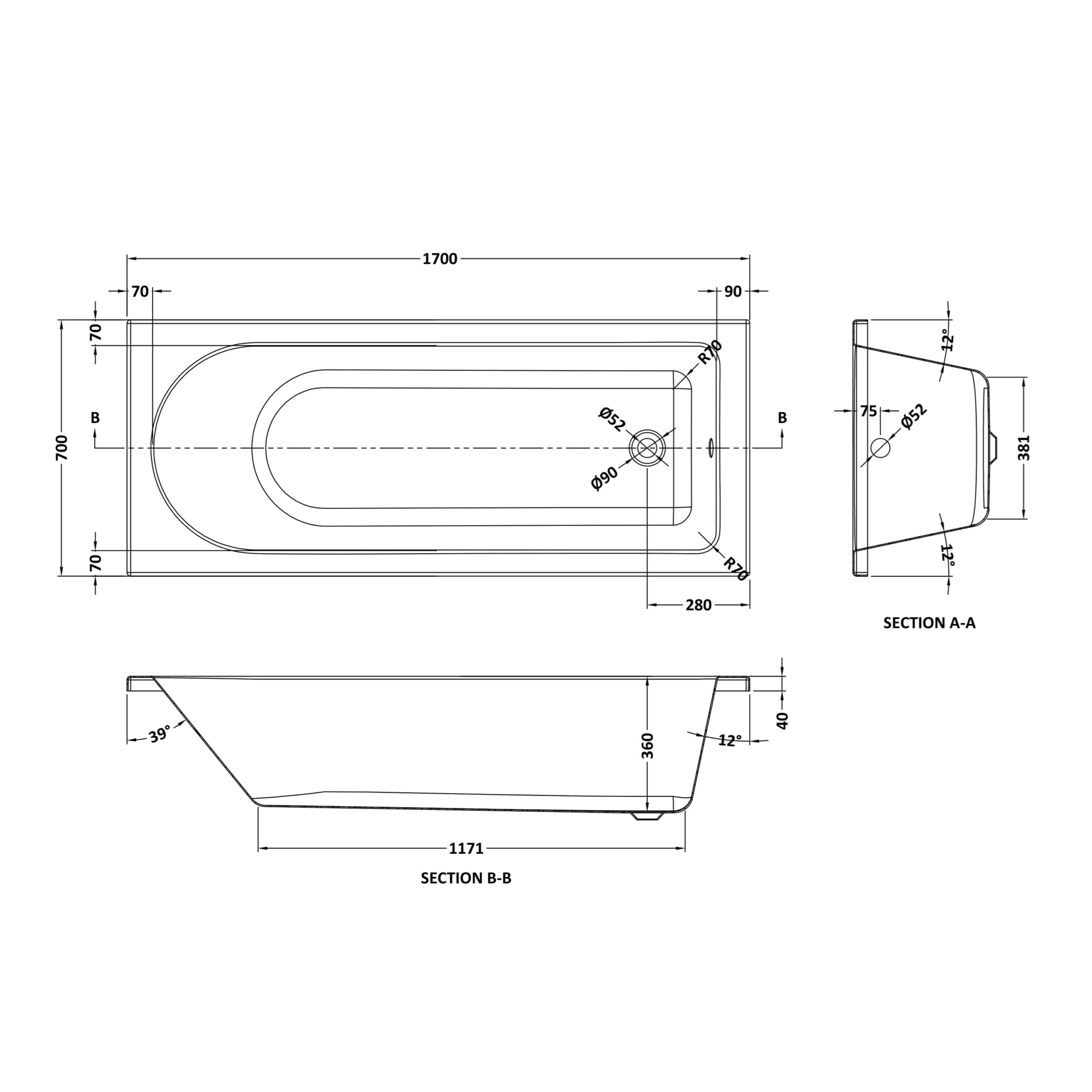 Nuie Standard Single Ended Bath 1700 x 700mm NBA609 - Image 3