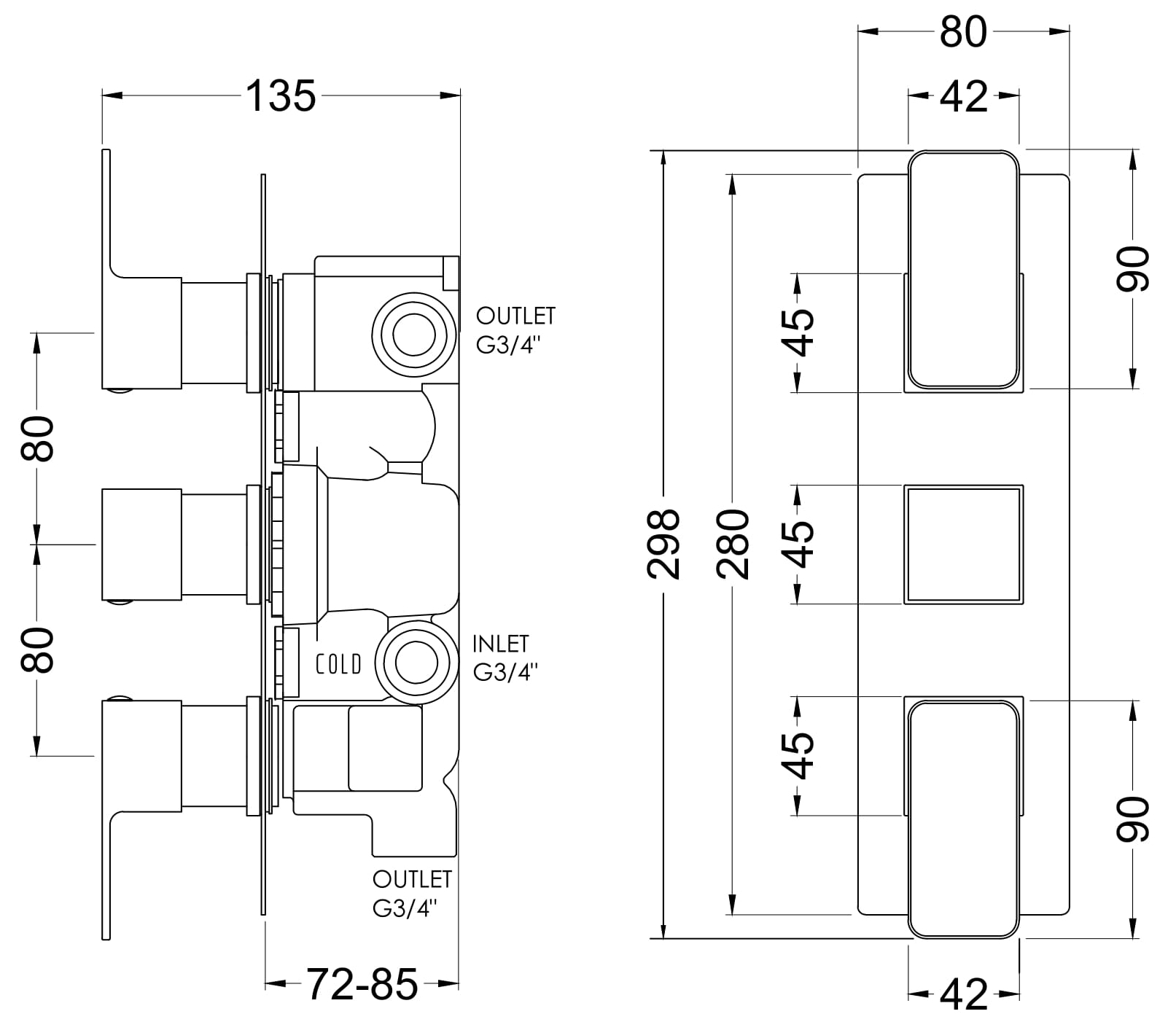 Nuie Triple Thermostatic Valve With Diverter WINTR03 - Image 2
